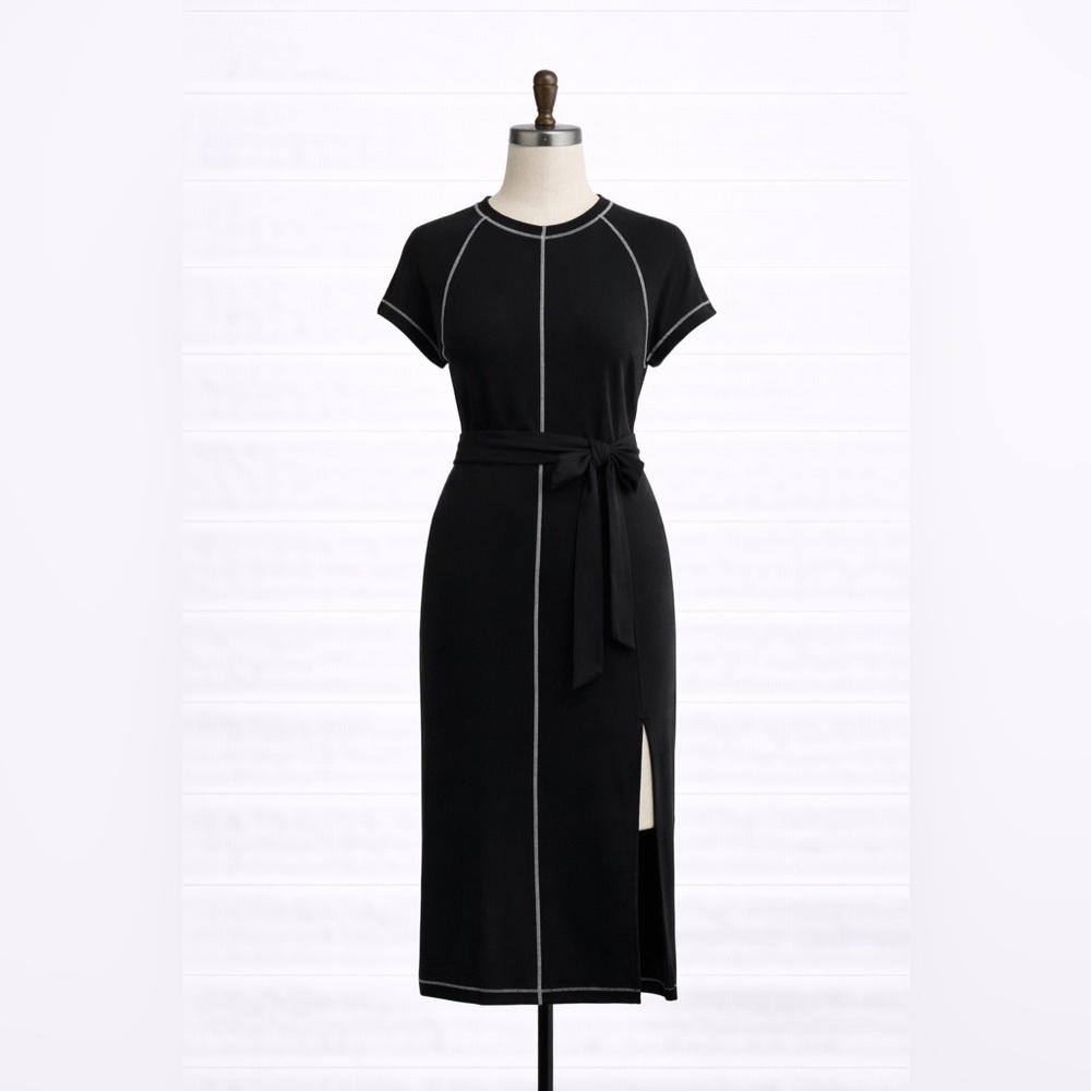 NWT Free People - Sunni Midi Dress - Black Contrast Stitching - Tie-Back - Sz. S